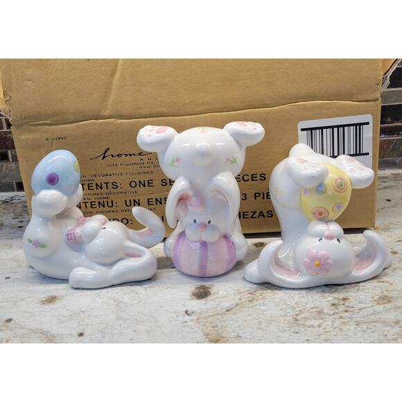 3 Vintage Home Interiors Homco Easter Bunnies Tumbling w Eggs NIB - Picture 1 of 7